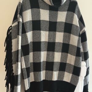 Plaid Black and White Sweater with Fringe